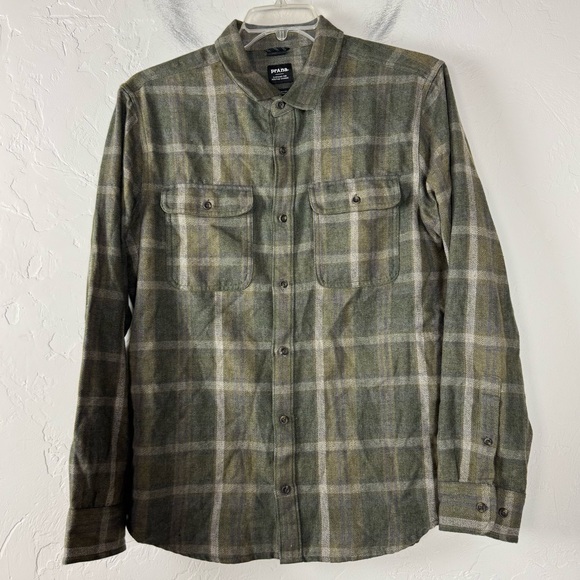 Prana Shirt Knit Top Westbrook Flannel‎ Plaid Print Button Down Green Black - Picture 1 of 7